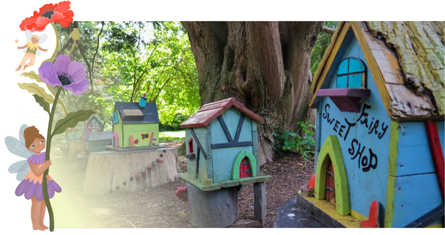 Several colorful miniature fairy houses are nestled among tree trunks and greenery in a garden reminiscent of Malahide Castle. One house, labeled "Fairy Sweet Shop," stands out in the foreground. A fairy illustration with purple wings and a flower crown is also present on the left side.