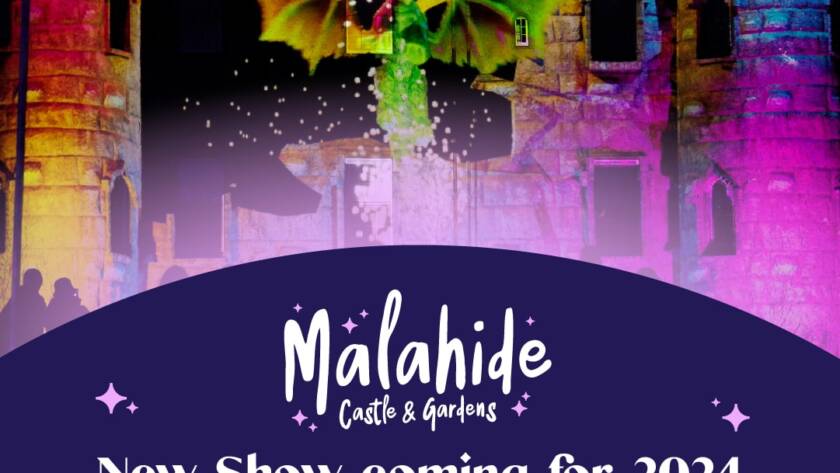 Promotional poster for "Wonderlights" at Malahide Castle & Gardens, featuring a digital illustration of a dragon breathing fire against a castle backdrop. Text includes "New Show coming for 2024" along with website info and event logos.