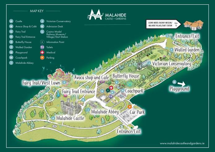 A detailed map of Malahide Castle and Gardens shows various attractions including Malahide Castle, Walled Garden, Fairy Trail, Victorian Conservatory, Avoca Shop and Café, Butterfly House, playgrounds, car parks, and entry/exit points.